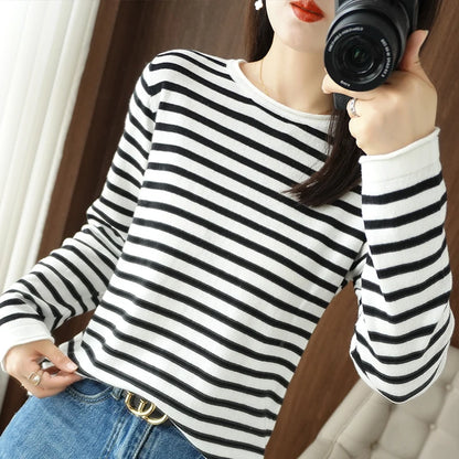 Women 100% Cotton Sweater Curled O-neck Strip Pullover Autumn Winter Casual Knit Clothing Fashion Soft Bottoming Sweater Tops