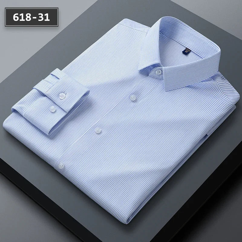 New Stretch Anti-Wrinkle Men's Shirts Long Sleeve Dress Shirts High Quality Men Slim Fit Social Business Blouse Striped Shirt