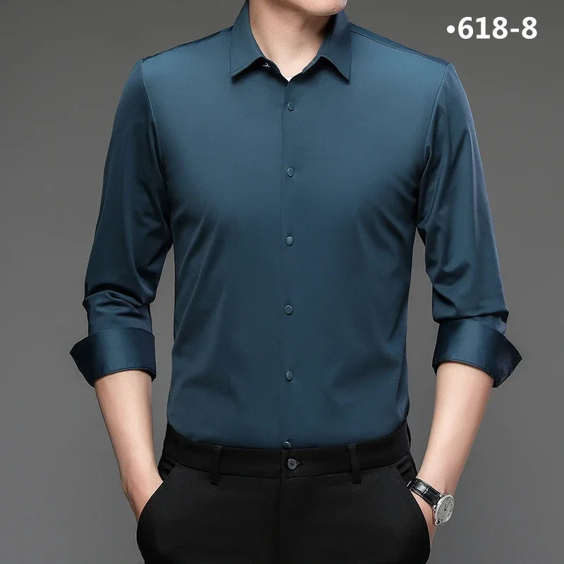 New Stretch Anti-Wrinkle Men's Shirts Long Sleeve Dress Shirts High Quality Men Slim Fit Social Business Blouse Striped Shirt