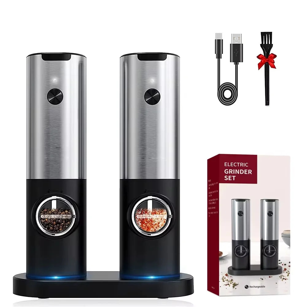 Rechargeable Electric Salt And Pepper Grinder Set with Charging Base Stainless Steel Automatic Salt Pepper Grinder Spice Mill