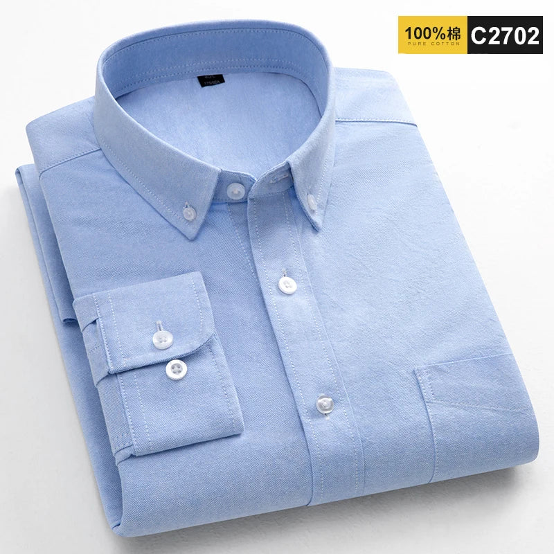 100% Cotton Oxford Shirts For Men's Long Sleeve Casual Pocket Regular-Fit Button-Down Work Formal Social Shirt Men Clothing