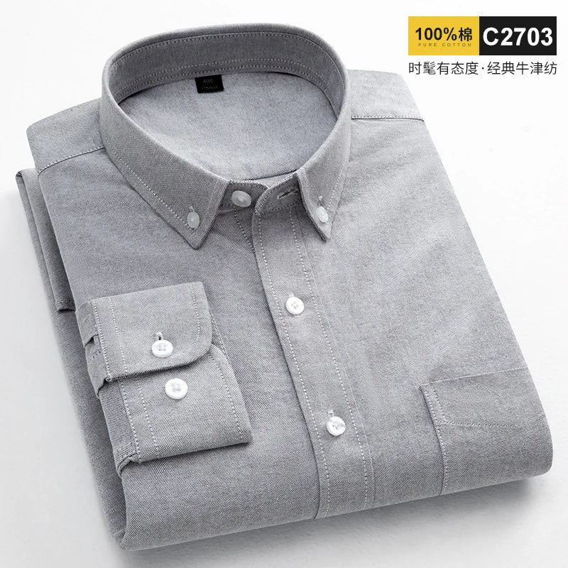 100% Cotton Oxford Shirts For Men's Long Sleeve Casual Pocket Regular-Fit Button-Down Work Formal Social Shirt Men Clothing