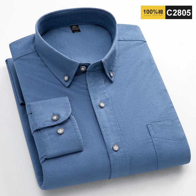 100% Cotton Oxford Shirts For Men's Long Sleeve Casual Pocket Regular-Fit Button-Down Work Formal Social Shirt Men Clothing