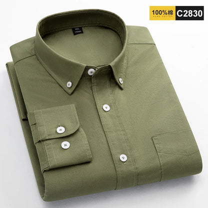 100% Cotton Oxford Shirts For Men's Long Sleeve Casual Pocket Regular-Fit Button-Down Work Formal Social Shirt Men Clothing