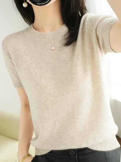 New Short-sleeved Knitwear Women O-neck T-shirt Wool Cotton Blend Pullover Vest Sprig Summer Bottoming Tops Sweater Solid Soft