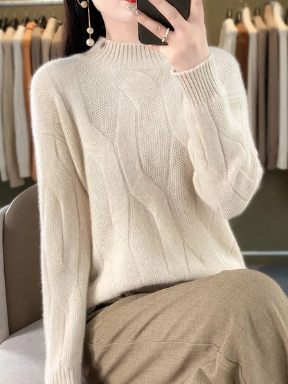 Women's Soft Wool Sweater Half-high Collar Twisted Thickened Pullover Autumn Winter Casual Basis Top Cashmere Female Knitwear