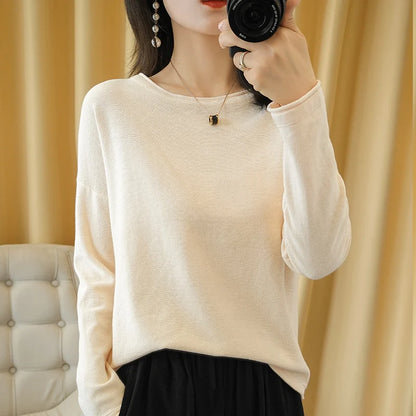 100% Cotton Women Knit Sweater Crimped Edge O-Neck Pullover Bottoming Pure Cotton Sweater Spring Autumn New Tops Clothes