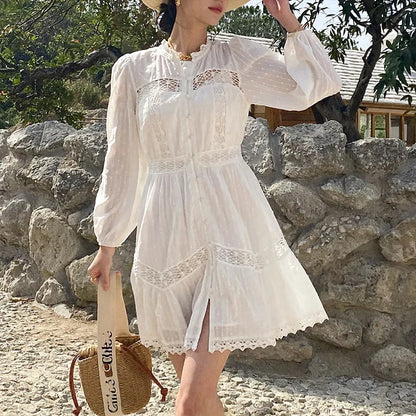 Hollow out Robe 100% Cotton Embroidery White Lace Dresses For Women Lantern Long Sleeve Boho Mini Dress Elegant Party Vestidos