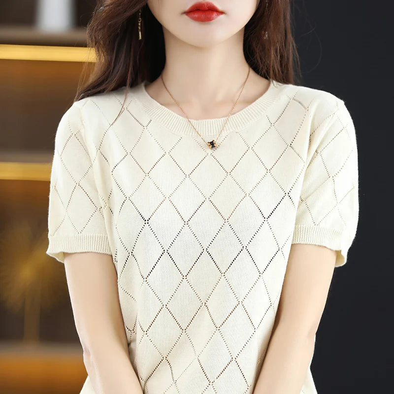 Women New Summer Short-sleeved Tees O-Neck Slim 100% Cotton Diamond Hollow Pullover T-shirt Knitted Base Casual Sweater