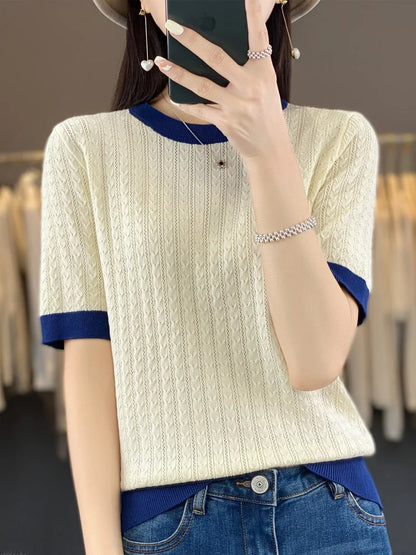 Summer New Women Cool Silk Short-sleeved Tees O-Neck Fashion Color Matching Twists T-shirt Loose Half-sleeved All-match Top