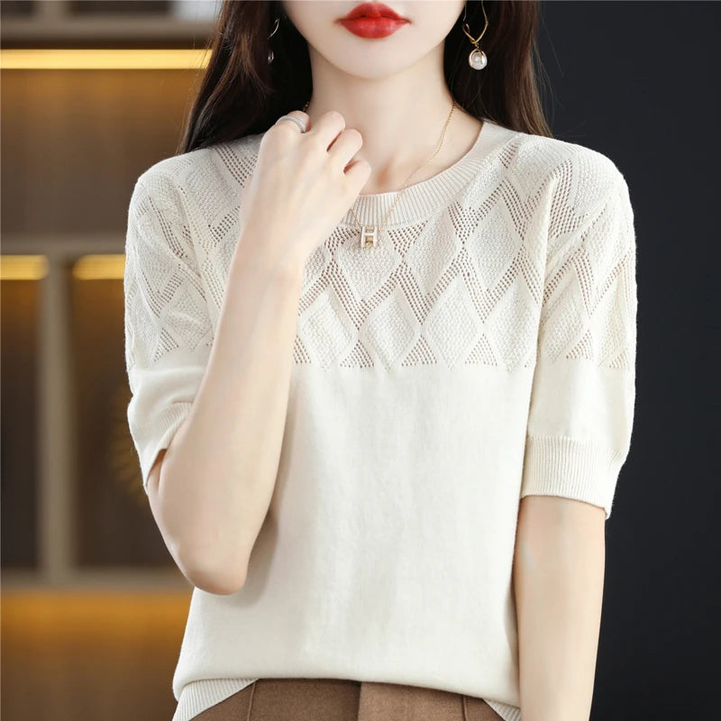 New Summer Fashion 100% Cotton Women Sweater T-shirt Short-sleeve Ladies O-Neck Pullover Casual Knitted Hollowed Out Tops