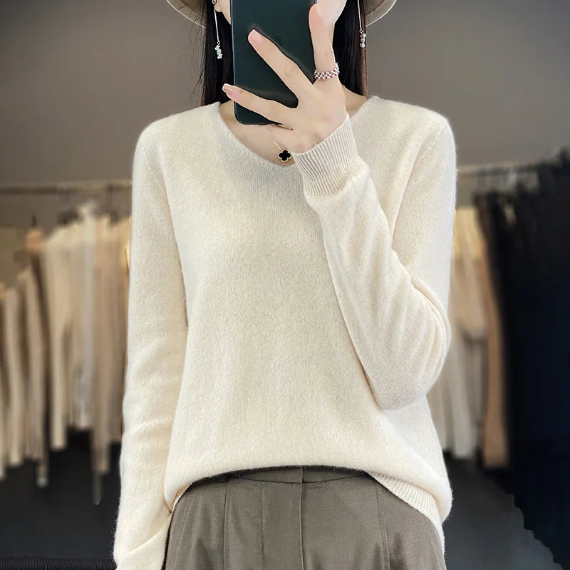 100% Pure Wool Soft Sweater Women Autumn Winter First Line Seamless Low V-neck Pullover Basis Casual Cashmere Warm Knitting Top