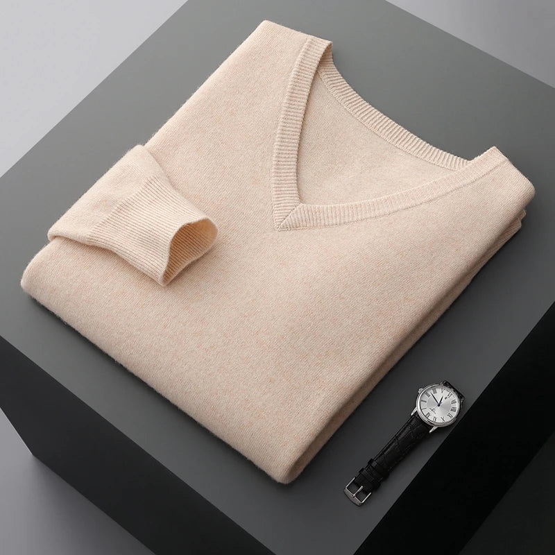 MVLYFLRT New Merino Wool Sweater Men's V-neck Pullover Top Autumn Winter Knitted Casual Loose 100% Pure Wool Jacket