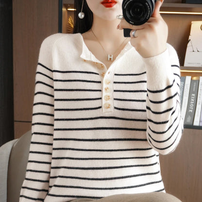 Autumn and Winter Women Striped Wool Blend Sweater O-Neck Sailor Pullover Cashmere Sweater Slim Knitted Warm Base Shirt