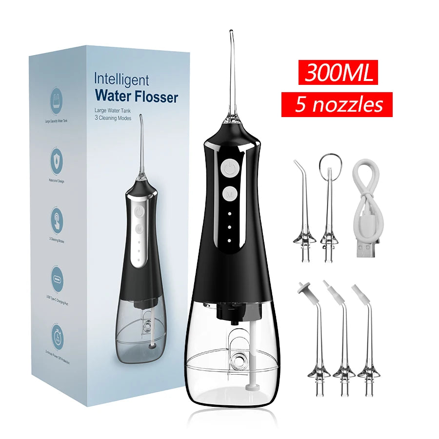 Dental Oral Irrigator Water Flosser Thread Teeth Pick Mouth Washing Machine 5 Nozzels 3 Modes USB Rechargeable 300ml Tank