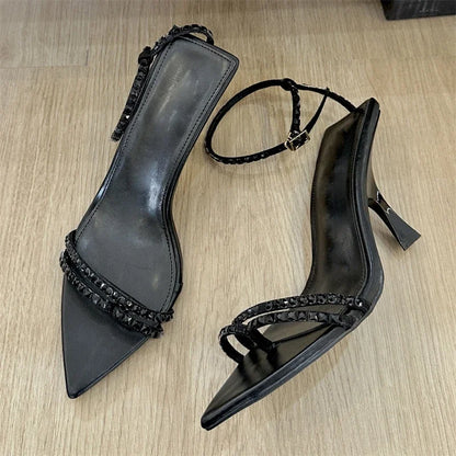 Eilyken Summer Sexy Crystal Narrow Band Buckle Strap Women Sandals Pointed Toe High Heels Banquet Party Shoes Zapatillas Mujer