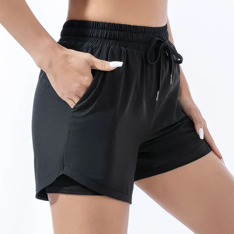 Women's high-waisted double-layer anti-slip fitness shorts