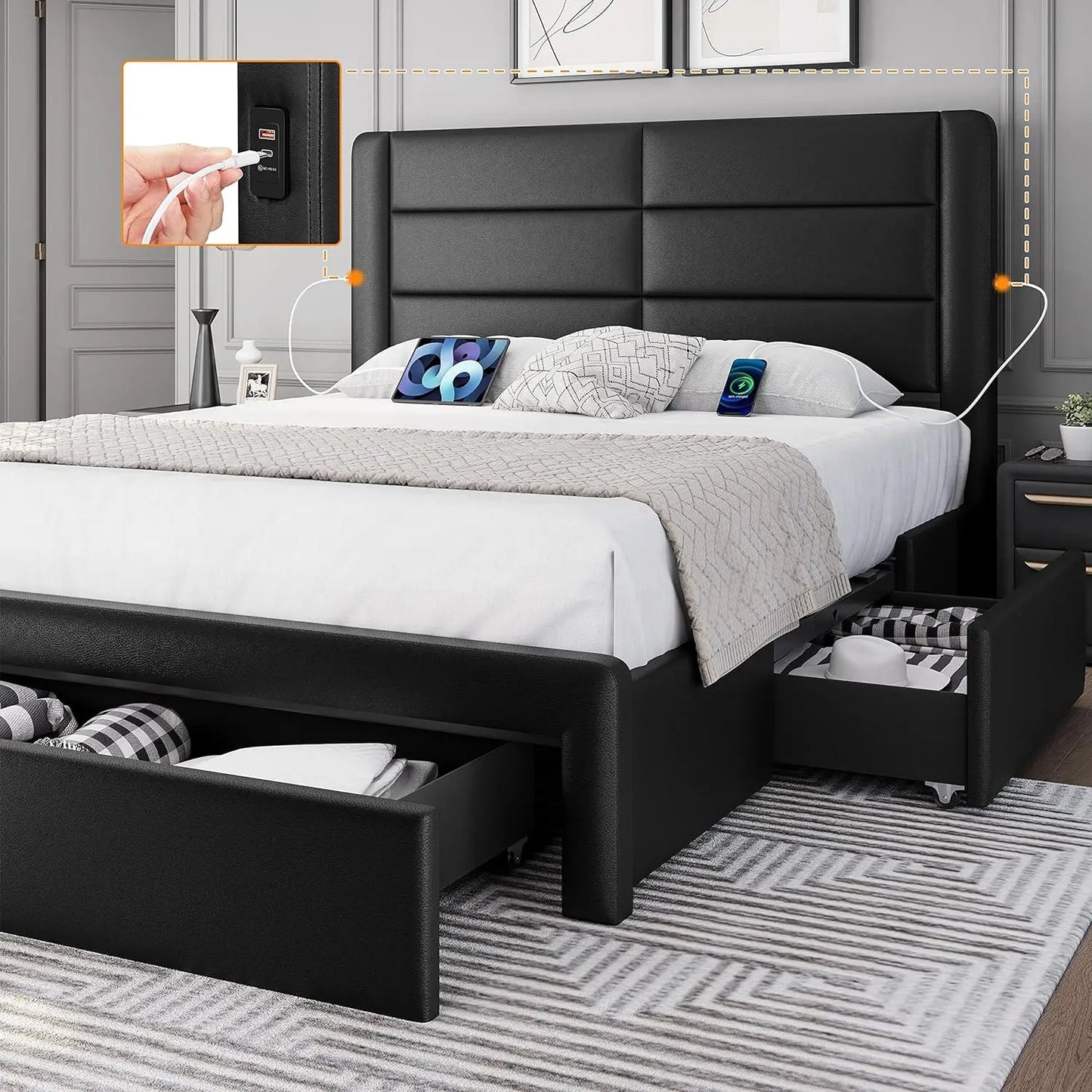 No Box Spring Needed Platform Bed Bases & Frames Leather Upholstered Headboard 3 Storage Drawers Bed Foundation Frame Black Home