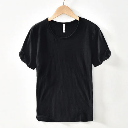 Retro Raw Edge T-Shirt for Men, 100% Cotton, Lightweight,Breathable,Slim-fit, Monochromatic, O-Neck, Casual Basic Top