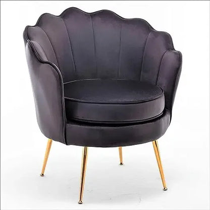 Velvet Barrel Accent Chair with Scalloped Silhouette and Gold Metal Legs, Decorative Piece Suitable for Traditional, Modern