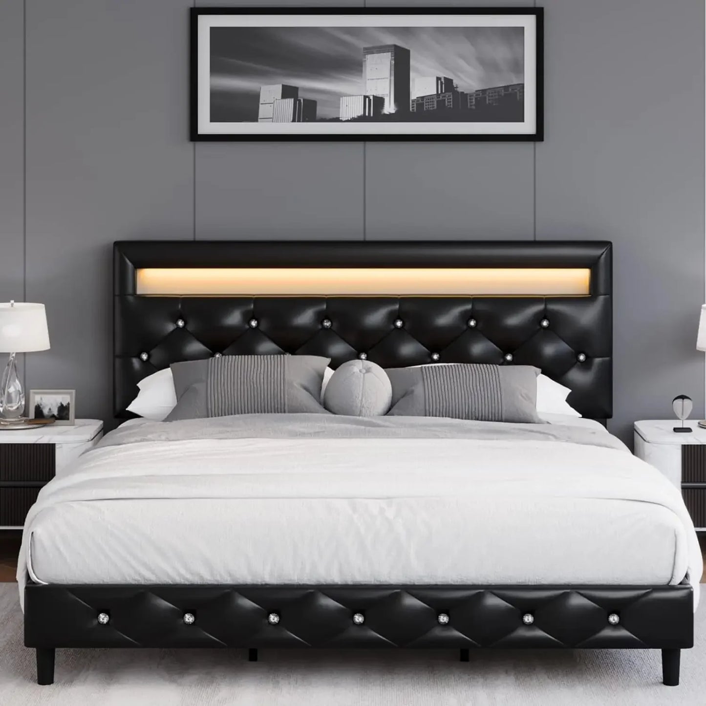 Full Size Platform Bed with LED Lights, Adjustable Tufted Headboard, Wood Slats - White