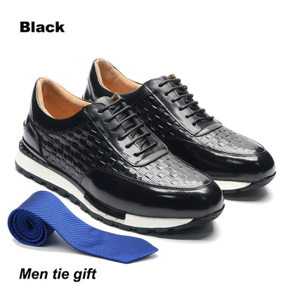 Size 38 To 46 Luxury Autumn Winter Men's Leather Shoes Plaid Pattern Natural Genuine Leather Male Sneakers Business Casual Shoes