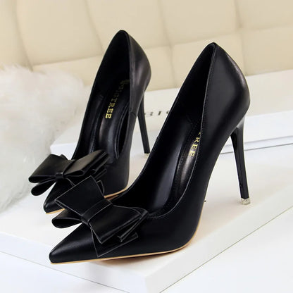 Women 10.5cm High Heels Blue Yellow Pumps Butterfly Knot Leather Stiletto Heels Lady Escarpins Wedding Party Event Shoes