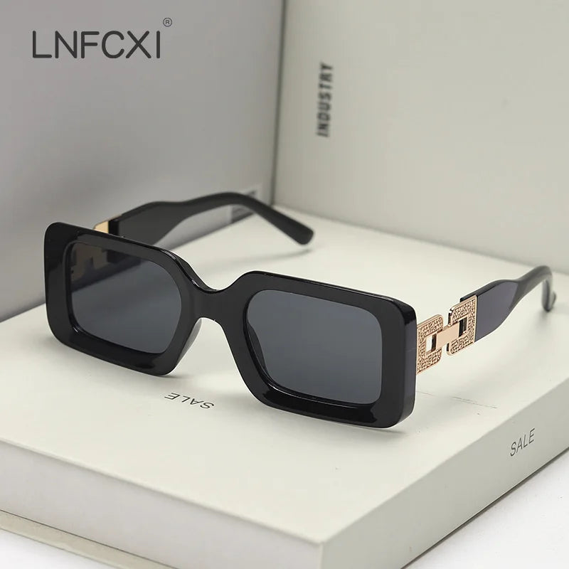 LNFCXI Retro Square Female Male Top Sunglasses Women Brand Designer Trend Pink Diamond Connecting Frame Legs Sun Glasses Men