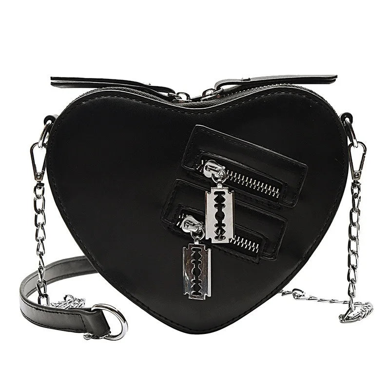 Gothic Heart Blade Zipper Chain Crossbody Bags for Women Girl Casual Shoulder Purses Handbags Techwear Summer Wallet Goth