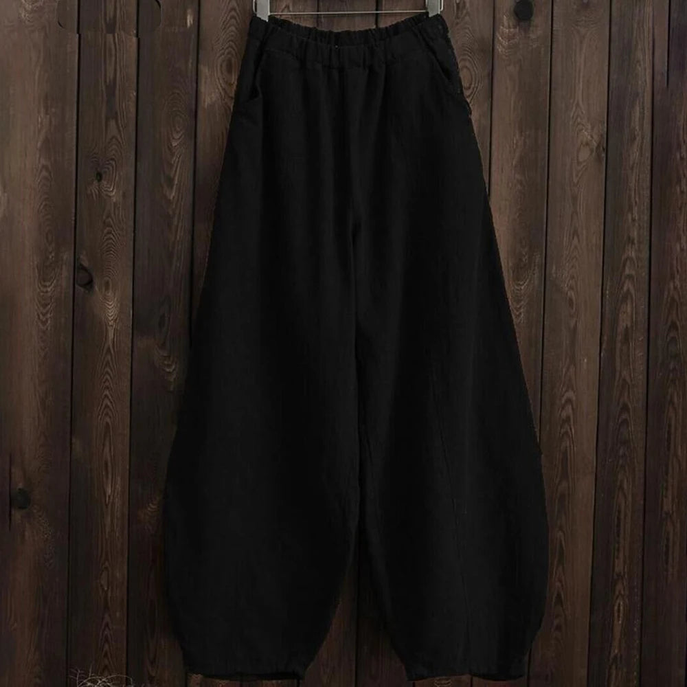 Spring Summer Cotton Linen Style Bloomers Wide Leg Pants Women Vintage Full Length Elegent Pants Solid Elasitic Waist S-5XL