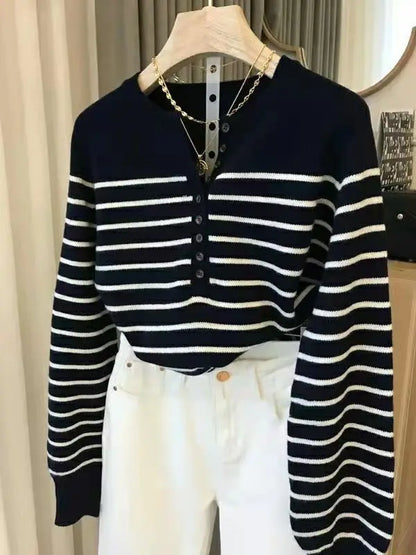 Autumn and Winter Women Striped Wool Blend Sweater O-Neck Sailor Pullover Cashmere Sweater Slim Knitted Warm Base Shirt