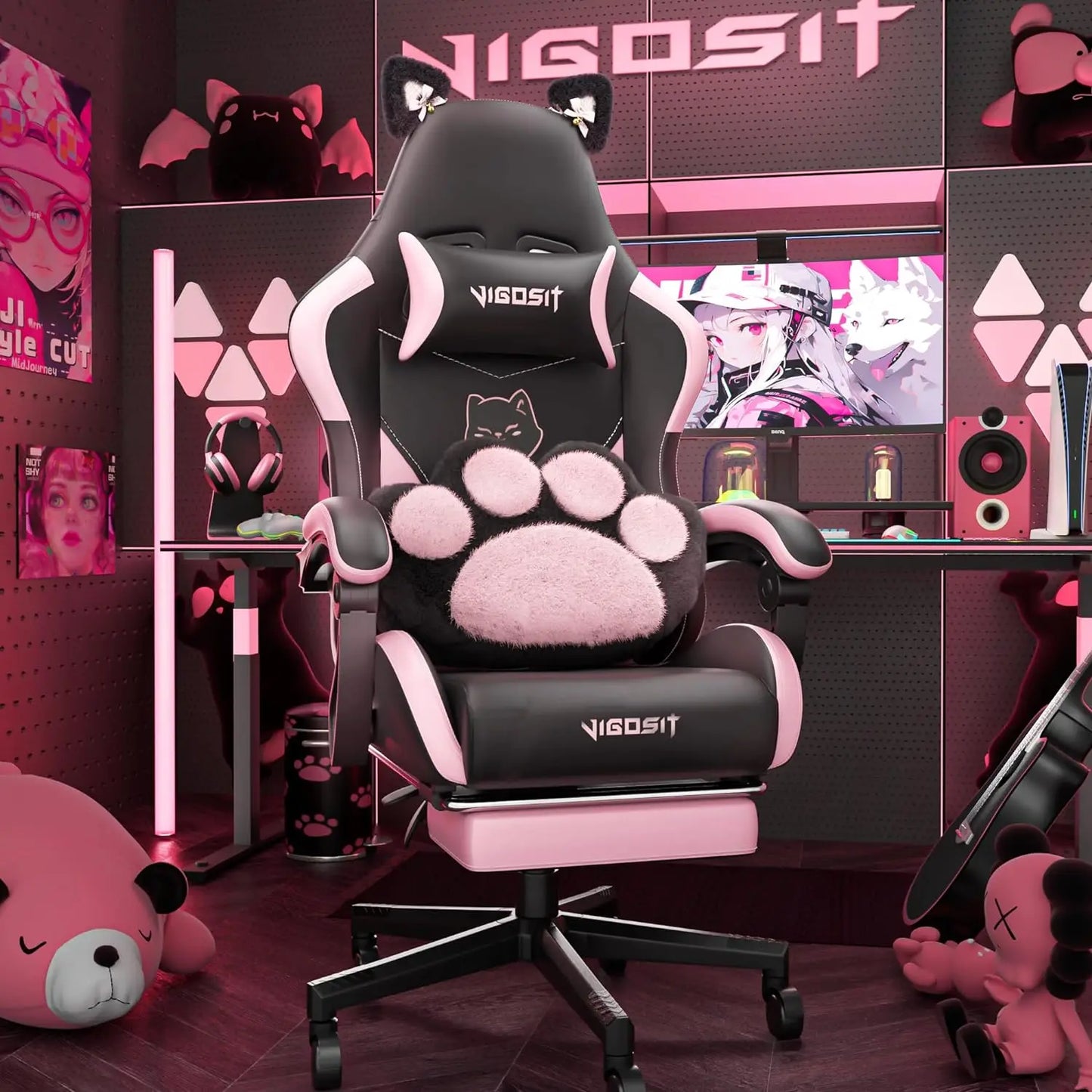 Pink Gaming Chair With Cat Paw Lumbar Cushion and Cat Ears Computer Armchair Reclining PC Game Chair for Girl Kids Teen Gamer