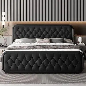 King Size Bed Frame Heavy Duty Bed Frame With Faux Leather Headboard Bedroom Furniture 12" Under-Bed Storage Black