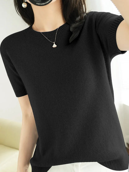 New Short-sleeved Knitwear Women O-neck T-shirt Wool Cotton Blend Pullover Vest Sprig Summer Bottoming Tops Sweater Solid Soft