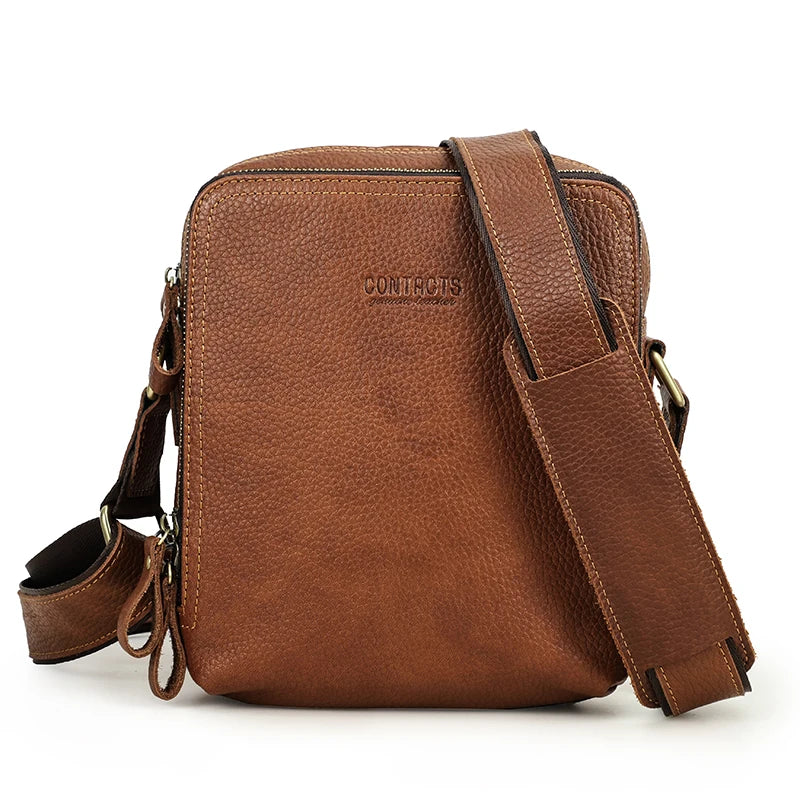 CONTACT'S Genuine Leather Men's Messenger Bag Vintage Shoulder Bags for 7.9" Ipad Mini High Quality Male Crossbody Bag