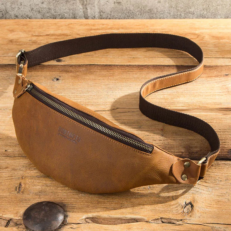 CONTACT'S 100% Crazy Horse Leather Waist Packs Travel Fanny Pack For Men Leather Waist Bag Male Belt Bag Multifunction Chest Bag