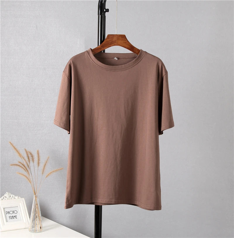 Hirsionsan Basic Cotton T Shirt Women Summer New Loose Solid Tees 19 Color Casual Loose Tshirt Oversized O Neck Female Tops