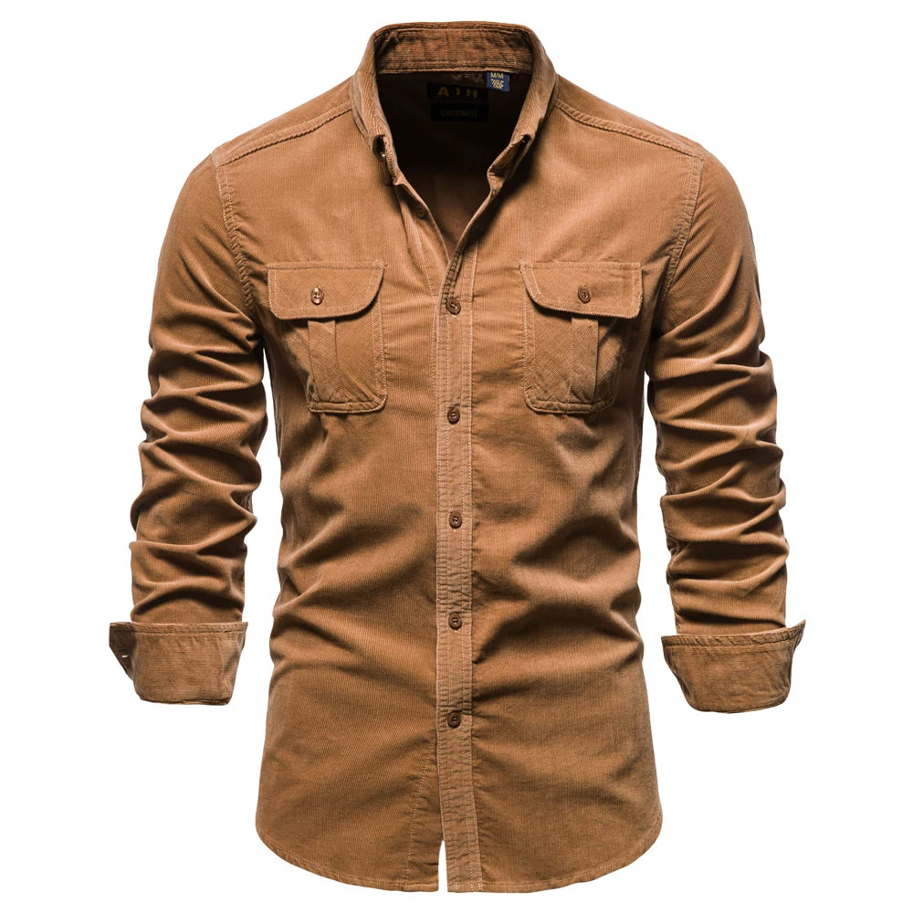 Single Breasted 100% Cotton Men's Shirt Business Casual Fashion Solid Color Corduroy Men Shirts Autumn Slim Shirt Men