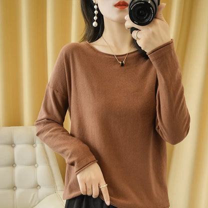 100% Cotton Women Knit Sweater Crimped Edge O-Neck Pullover Bottoming Pure Cotton Sweater Spring Autumn New Tops Clothes