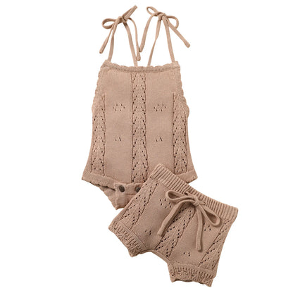 Beach Summer Clothes for Newborn Baby Girls Frilled Eyelet Knitted Jumpsuit+Pants Outfits 2pcs Sets