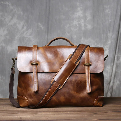 NZPJ Retro Leather Men's Handbag Top Layer Cowhide Briefcase Crazy Horse Leather Messenger Shoulder Large Capacity Computer Bag