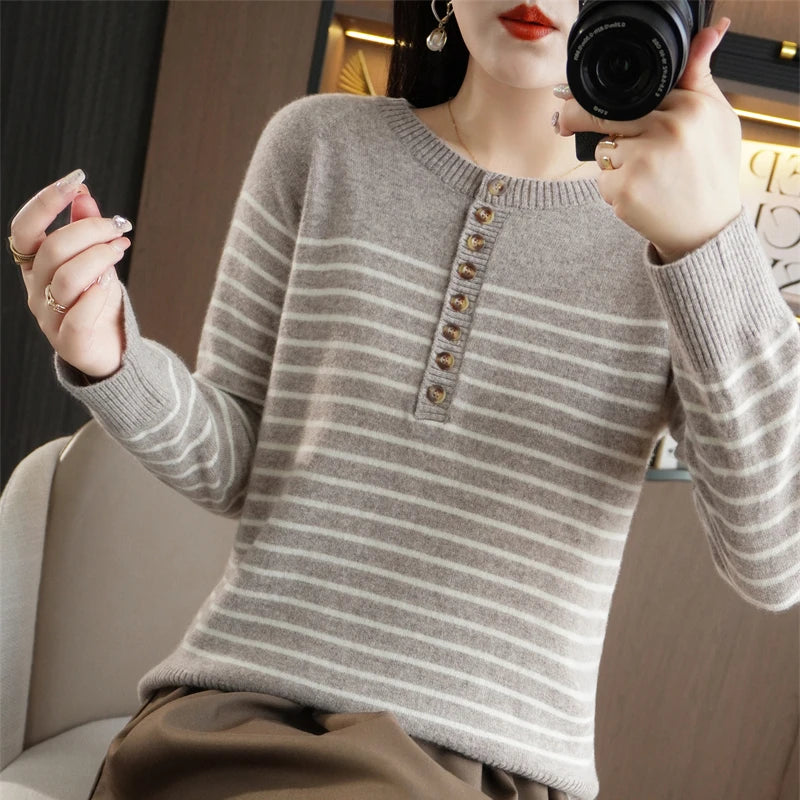 Autumn and Winter Women Striped Wool Blend Sweater O-Neck Sailor Pullover Cashmere Sweater Slim Knitted Warm Base Shirt