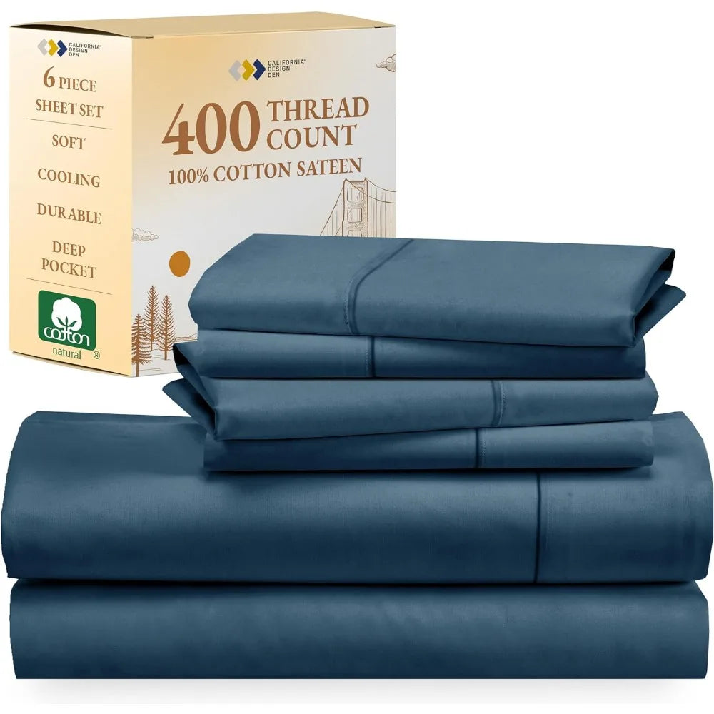 Full Sheet Set 6-Pc Queen Size Sheet Set With 4 Pillowcases - 400 Thread Count 100% Cotton Sheets Cooling Sateen Weave Sets Bed