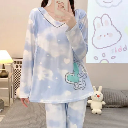 Postpartum woman lactation pajamas set autumn nursing leisurewear cartoon pregnant maternity breastfeeding tops long trousers