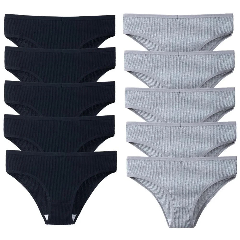 10Pcs/Pack 100% Cotton Women's Panties Comfortable Sexy Underwear Solid Color Stripe Briefs Simple Sports Underpants