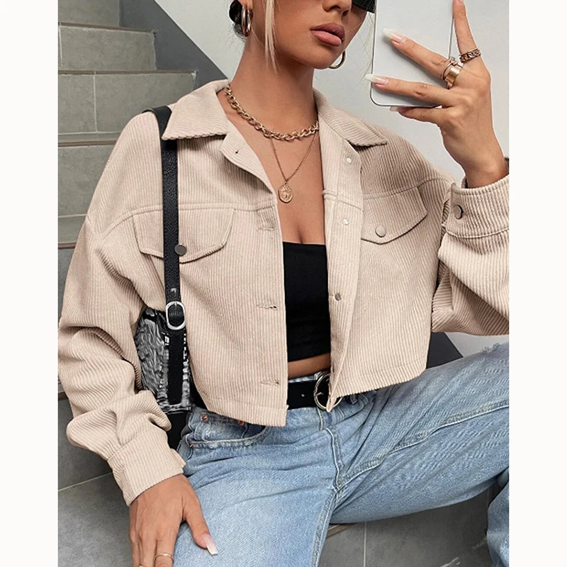 Spring Drop Shoulder Flap Detail Crop Corduroy Jacket Long Sleeve Chic Short Coats