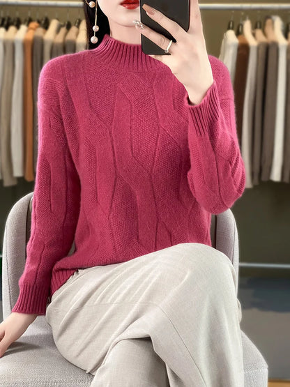 Women's Soft Wool Sweater Half-high Collar Twisted Thickened Pullover Autumn Winter Casual Basis Top Cashmere Female Knitwear