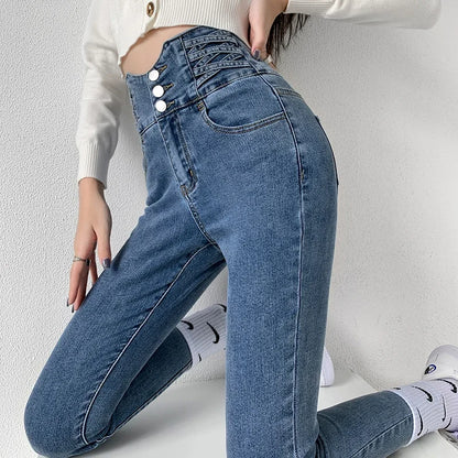 ZOENOVA Skinny Pencil Jeans Four Buttons Vintage High Waist Women Slim Stretch Denim Pants Tight Trousers Women's Pants