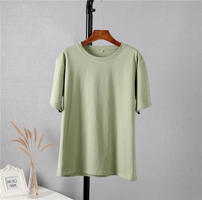 Hirsionsan 100% Cotton Oversized T Shirt Women Harajuku Basic Loose Short Sleeve Tees Soft Female Solid Tops Khaki Summer Jumper