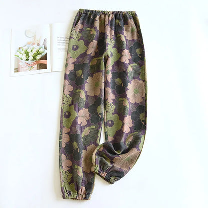 Spring Summer Women's Pajamas 100% Cotton Crepe Pants Women's Comfortable Loose Large Leaf Home Pants Thin bottoms